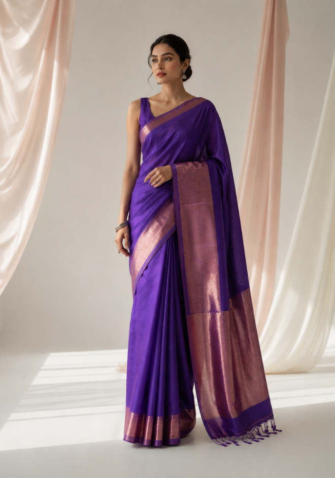Purple Jayashree Tissue Resham Linen Saree