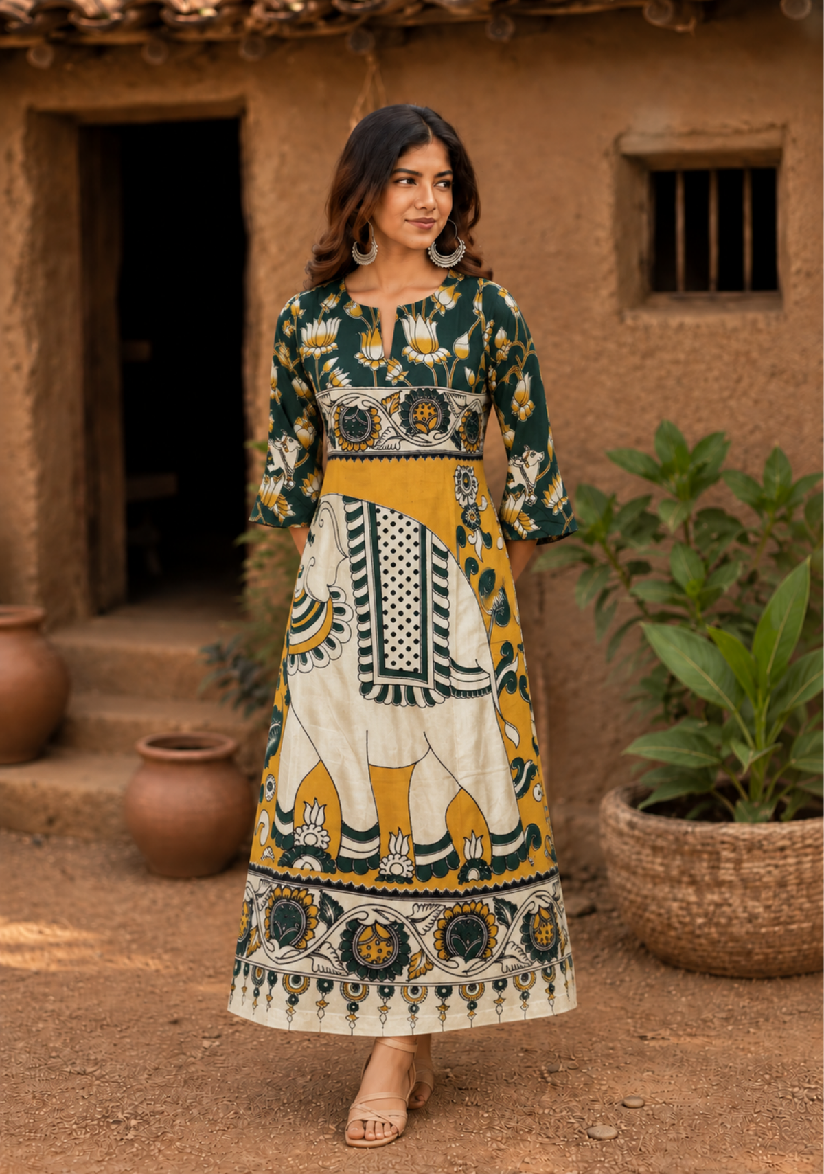 Kalamkari Chennuri Silk Flared Dress | Traditional Elephant Print