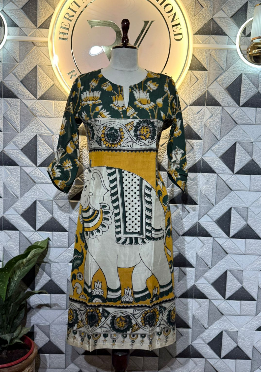 Kalamkari Chennuri Silk Flared Dress | Traditional Elephant Print
