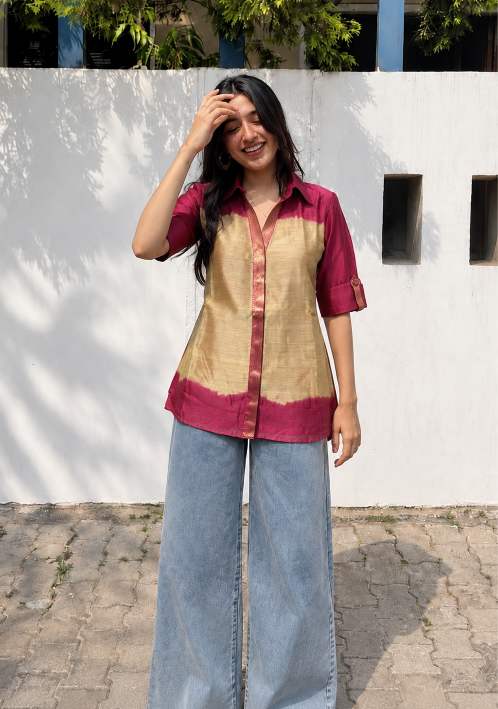 Pure Silk Maheshwari Short Kurti | Magenta & Gold Dual-Tone Weave