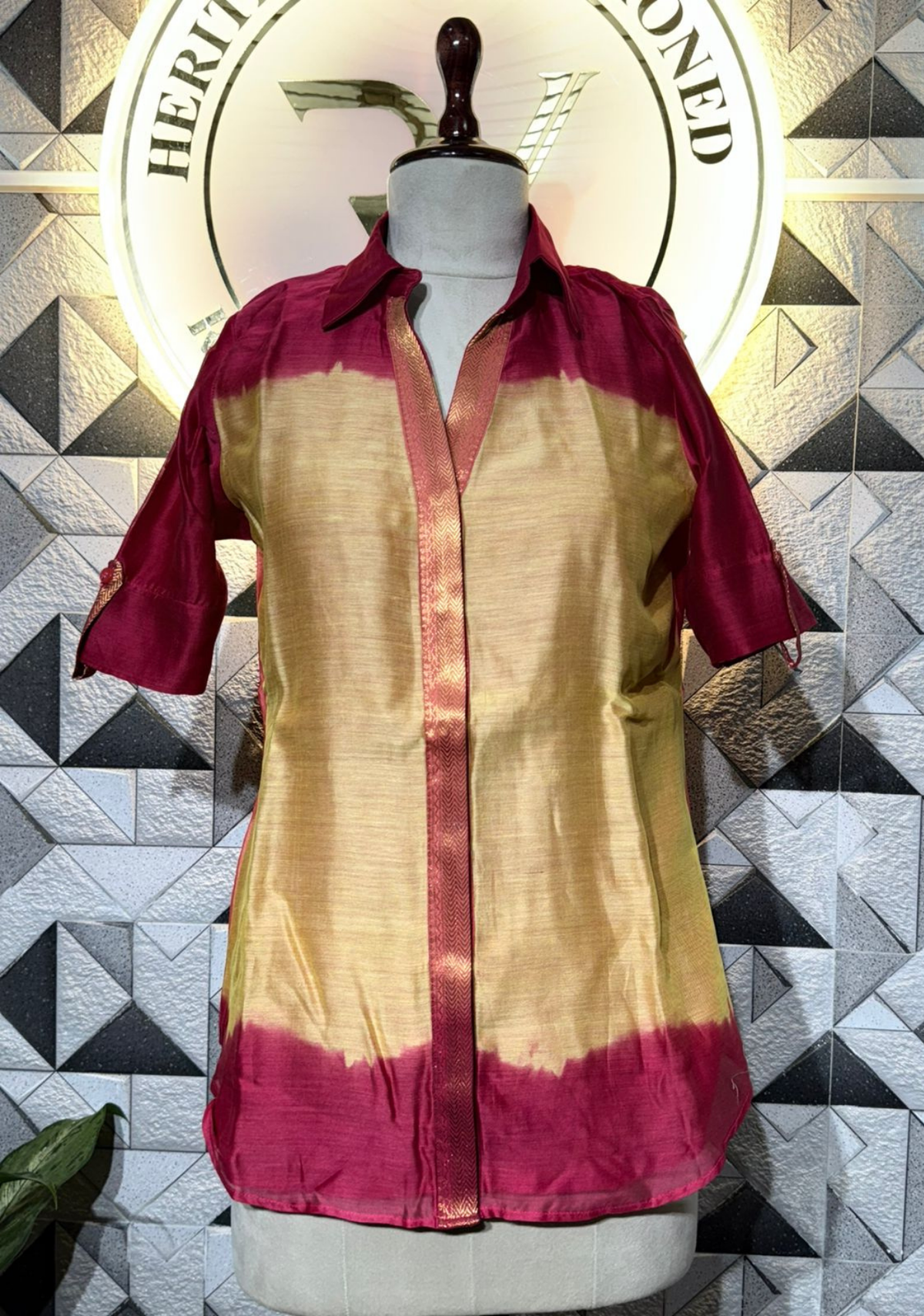 Pure Silk Maheshwari Short Kurti | Magenta & Gold Dual-Tone Weave