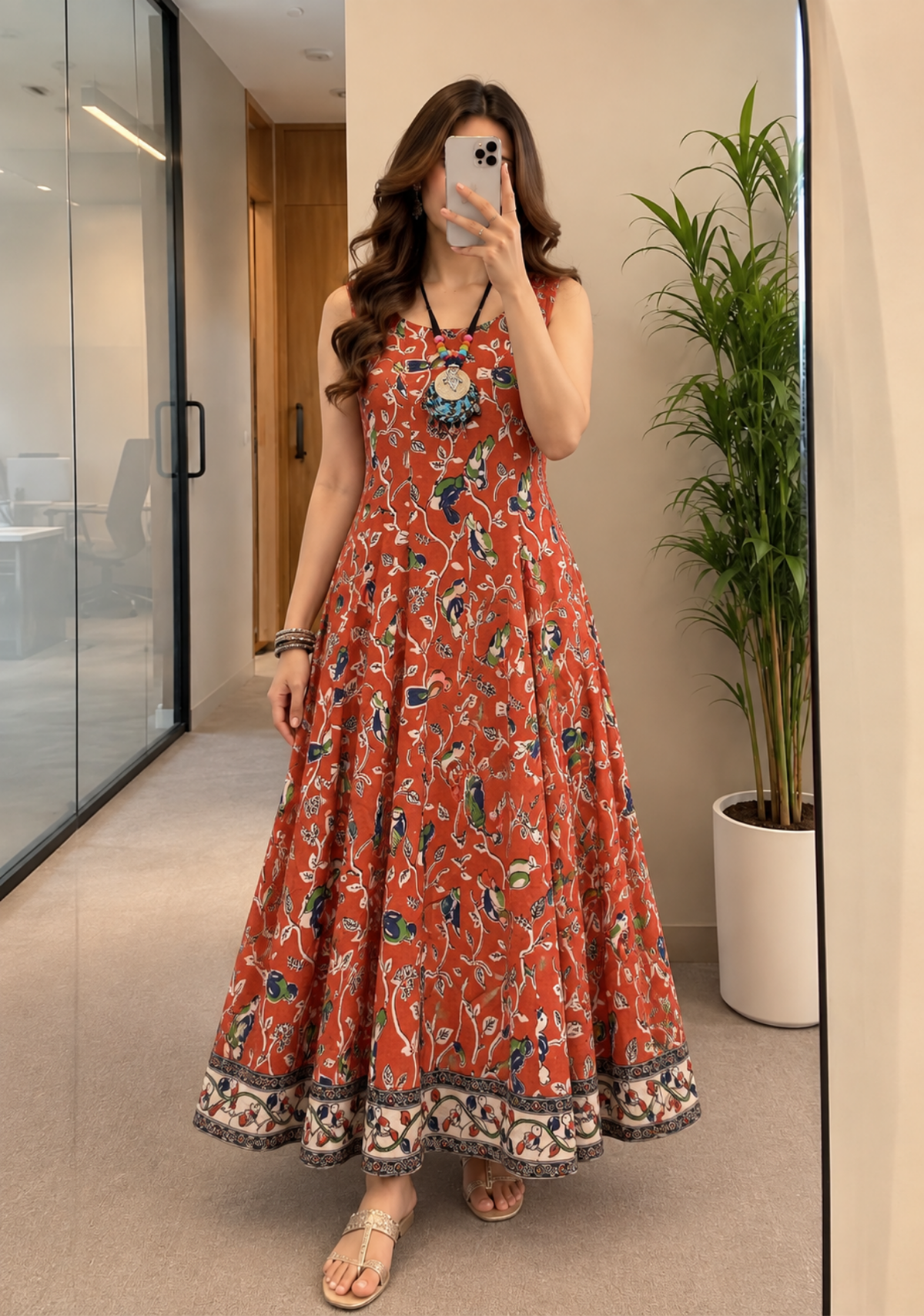 Pure Kalamkari Handloom Cotton Flared Dress | Rust Floral & Bird Print