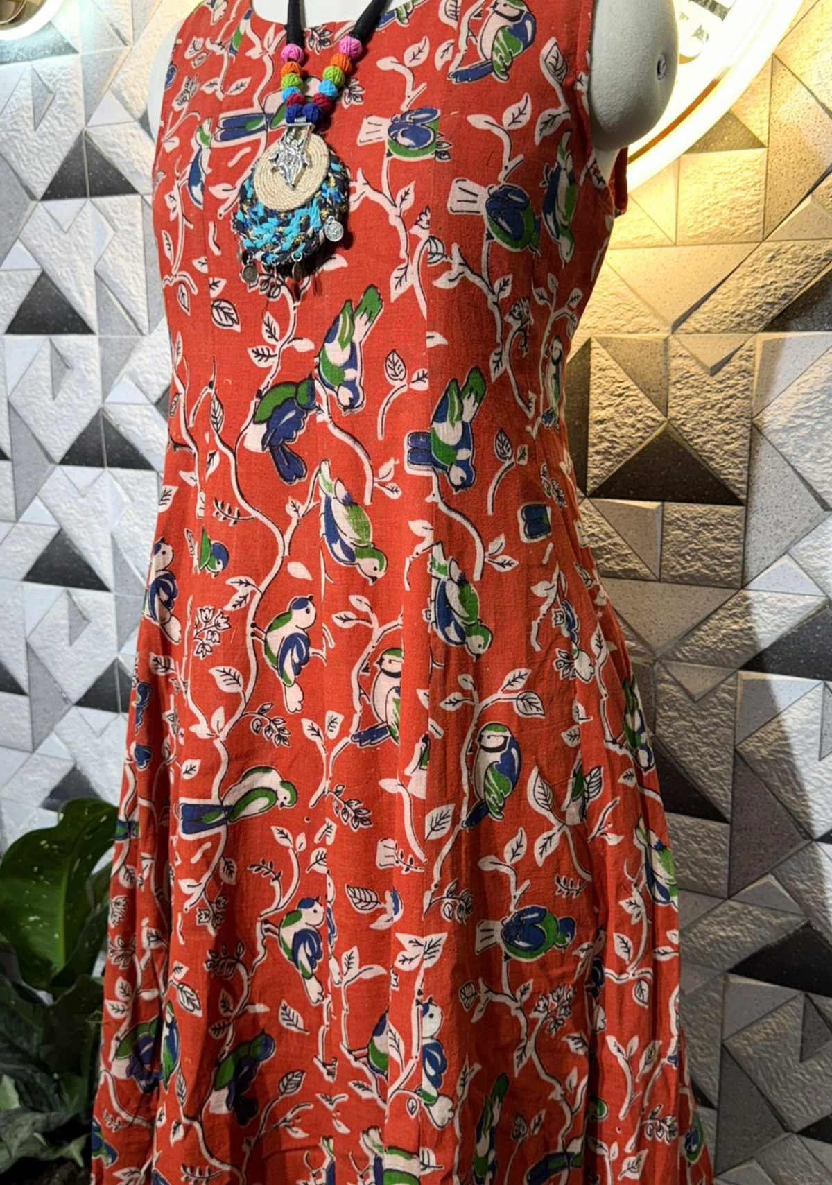 Pure Kalamkari Handloom Cotton Flared Dress | Rust Floral & Bird Print