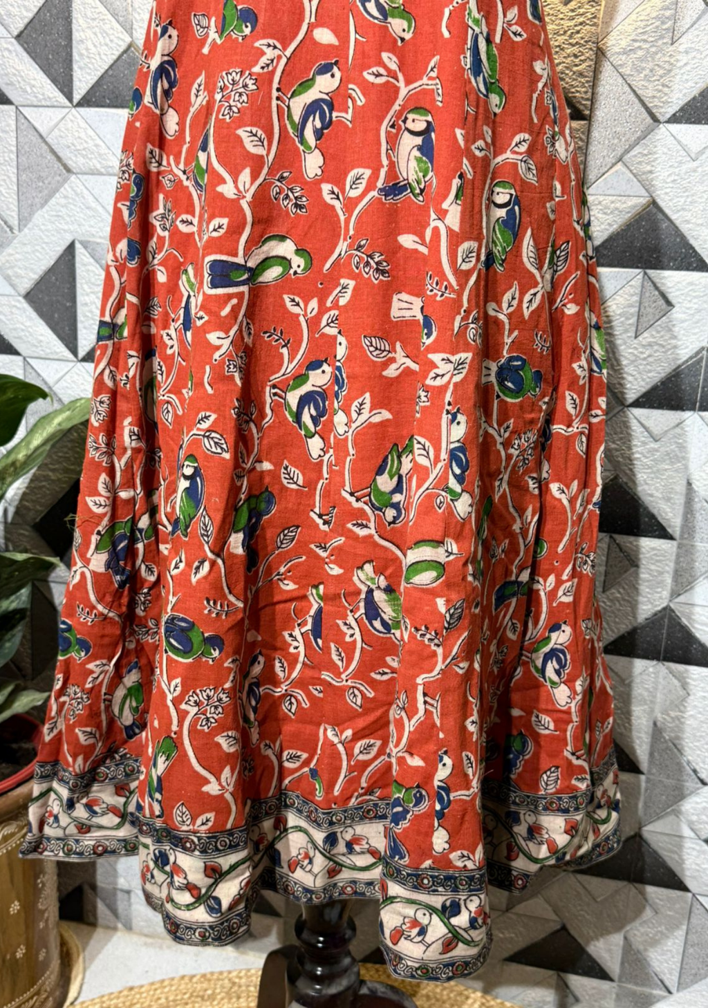 Pure Kalamkari Handloom Cotton Flared Dress | Rust Floral & Bird Print