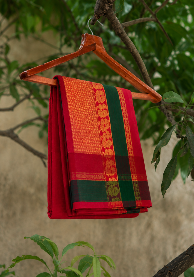 Crimson Red Narayanpet Pure Mercerised Cotton Saree
