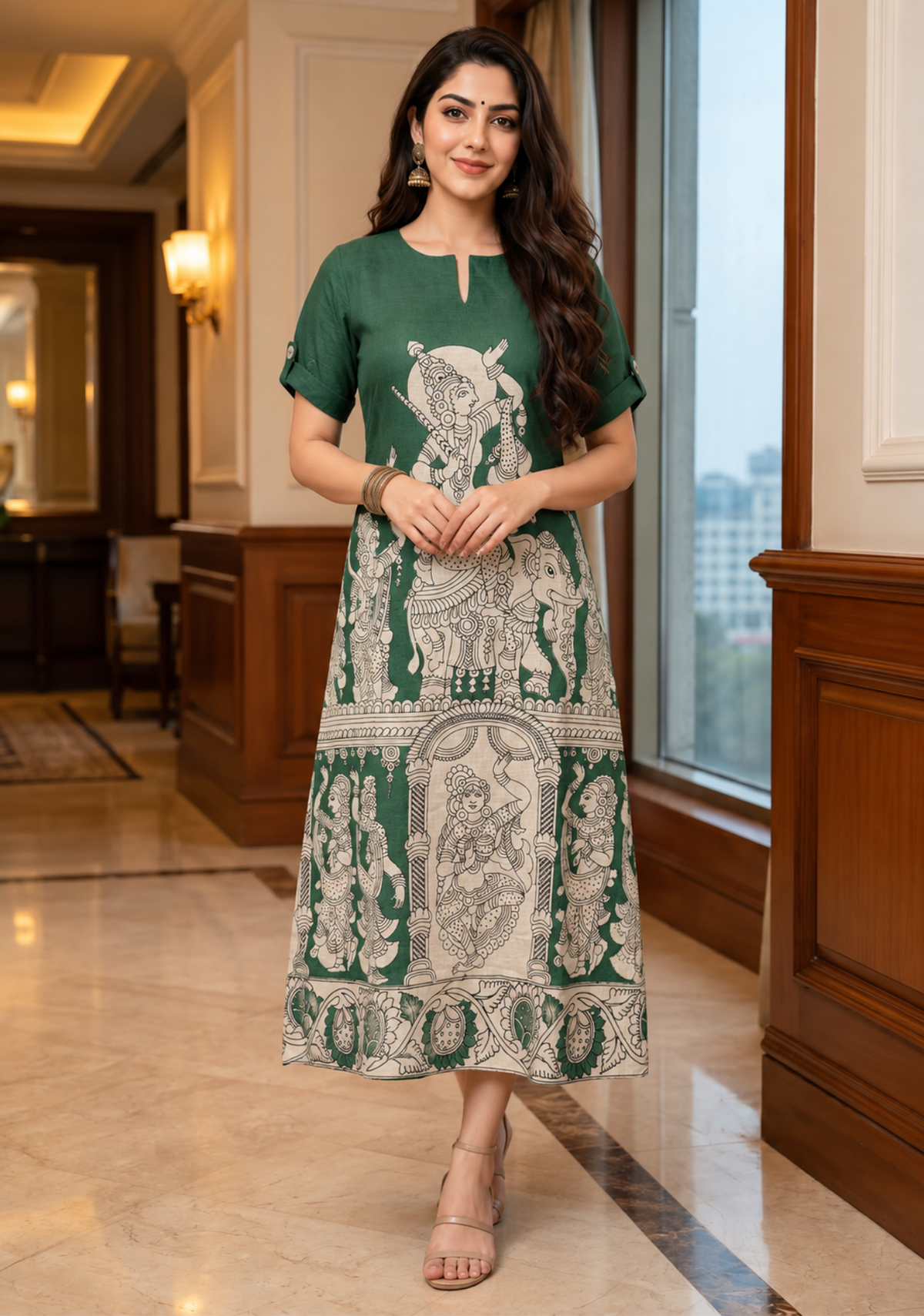 Pure Kalamkari Handloom Cotton A-Line Dress | Green Traditional Art Print
