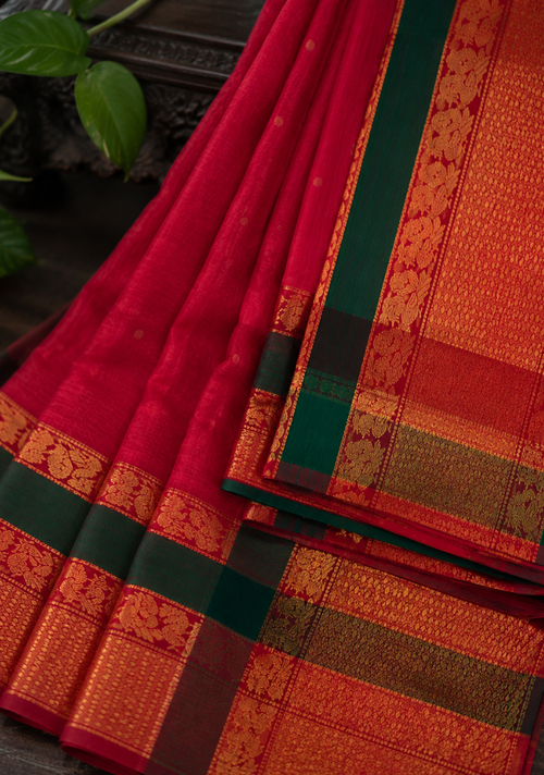 Crimson Red Narayanpet Pure Mercerised Cotton Saree