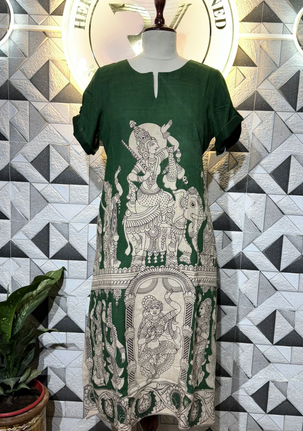 Pure Kalamkari Handloom Cotton A-Line Dress | Green Traditional Art Print