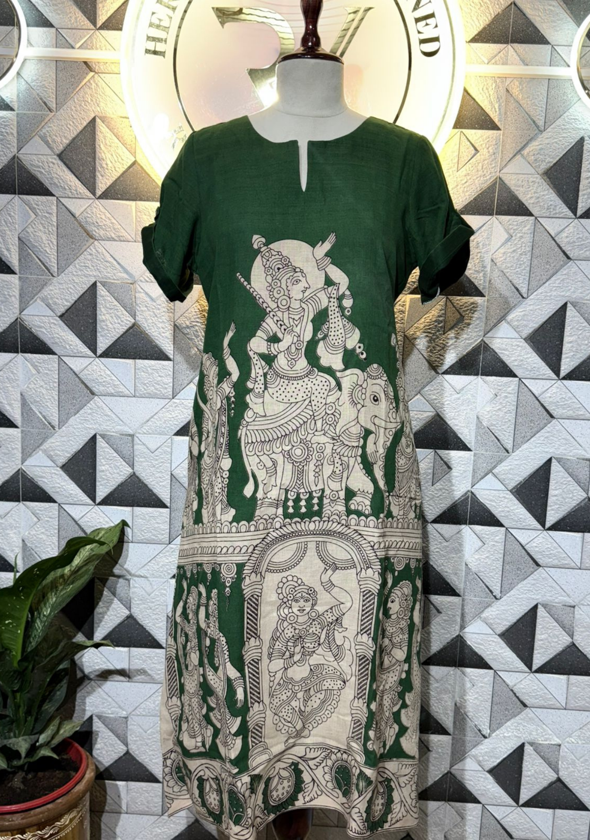 Pure Kalamkari Handloom Cotton A-Line Dress | Green Traditional Art Print
