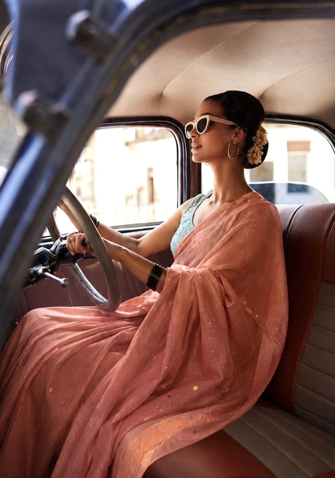 Peach Pink 120 Count Pure Mul Cotton Saree