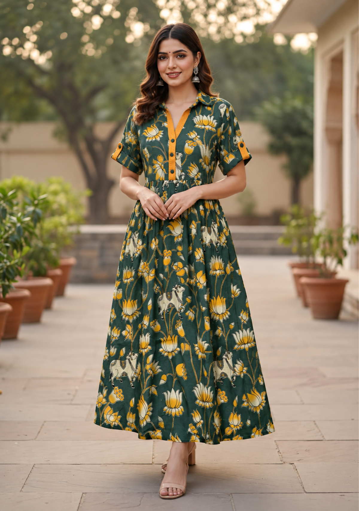 Kalamkari Chennuri Silk Flared Dress | Green Floral
