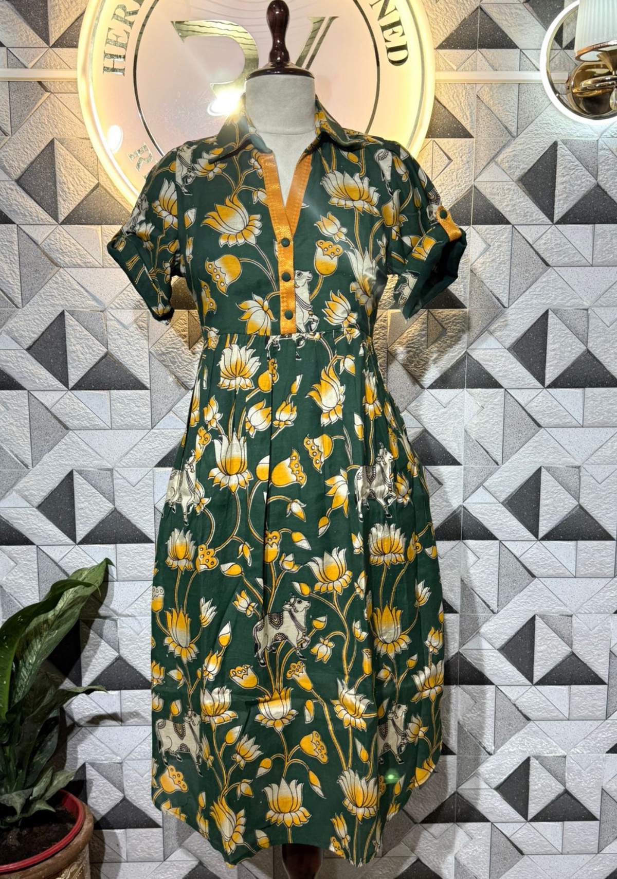 Kalamkari Chennuri Silk Flared Dress | Green Floral