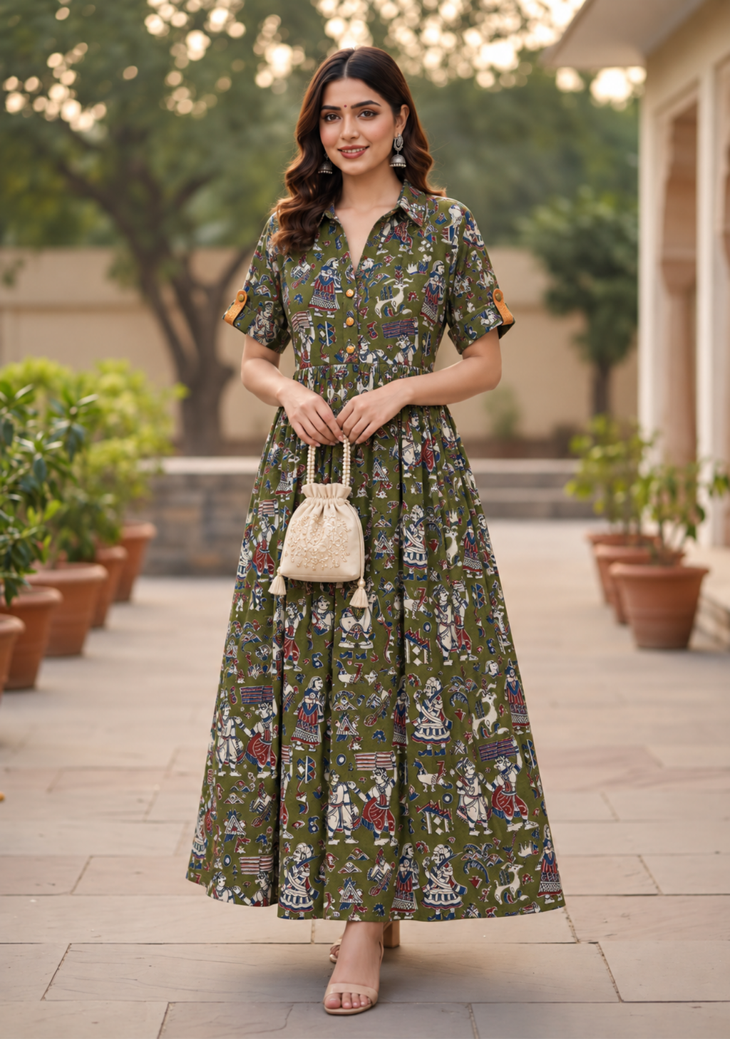 Pure Handloom Cotton Printed Dress | Mehendi Green Folk Art