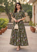 Pure Handloom Cotton Printed Dress | Mehendi Green Folk Art