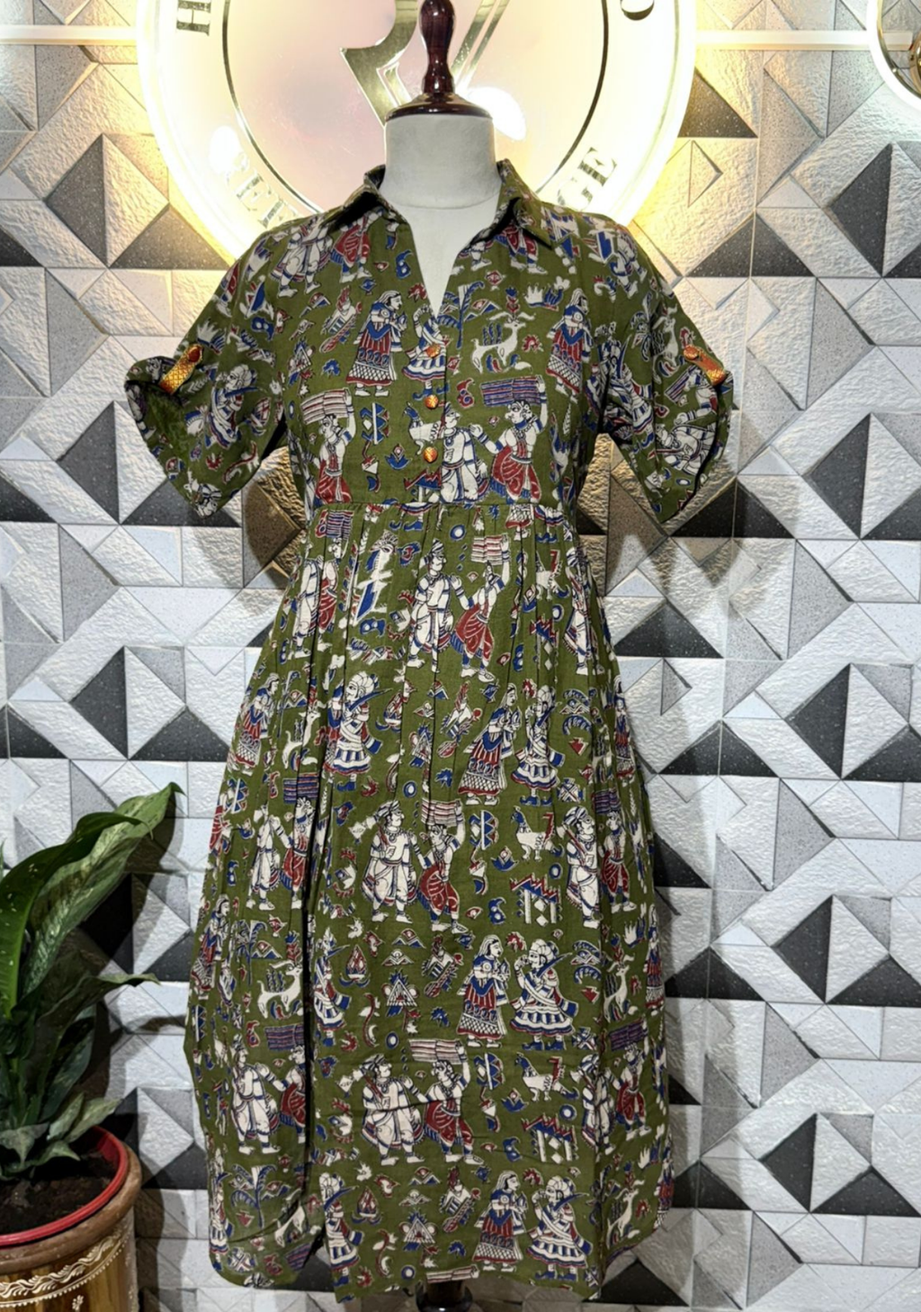 Pure Handloom Cotton Printed Dress | Mehendi Green Folk Art