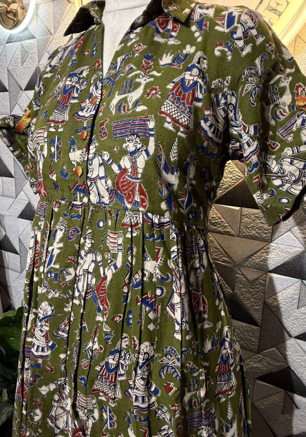 Pure Handloom Cotton Printed Dress | Mehendi Green Folk Art