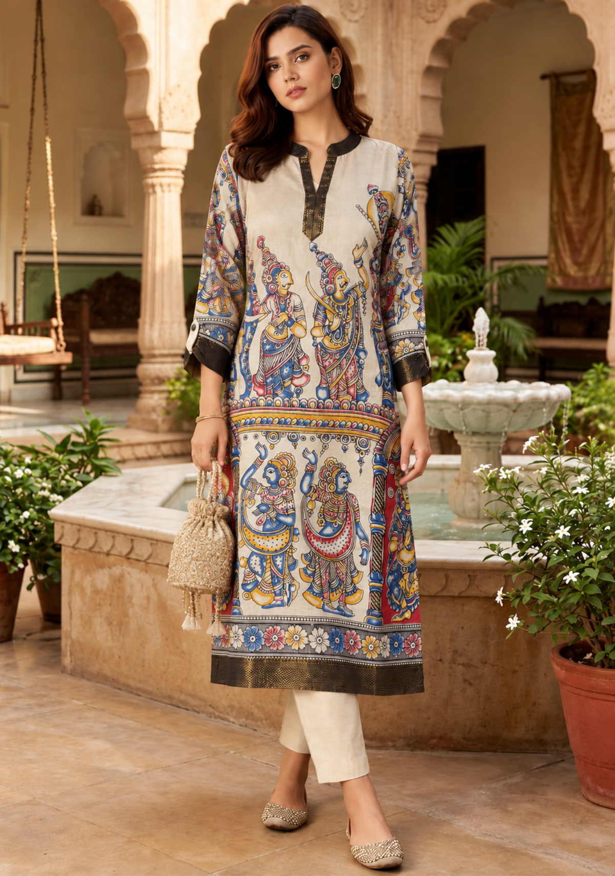 Kalamkari Chennuri Silk Ethnic Kurti | Traditional Art Print