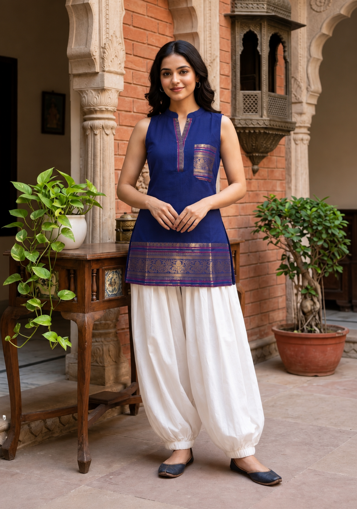 Chettinad Pure Cotton Short Kurti | Royal Blue with Zari Border