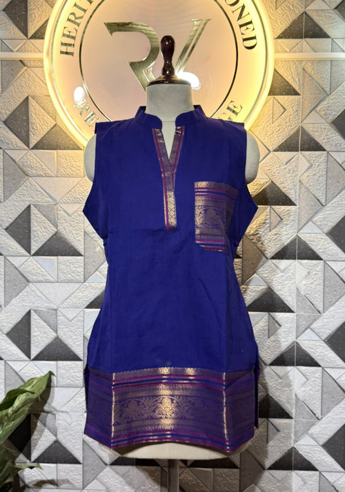 Chettinad Pure Cotton Short Kurti | Royal Blue with Zari Border