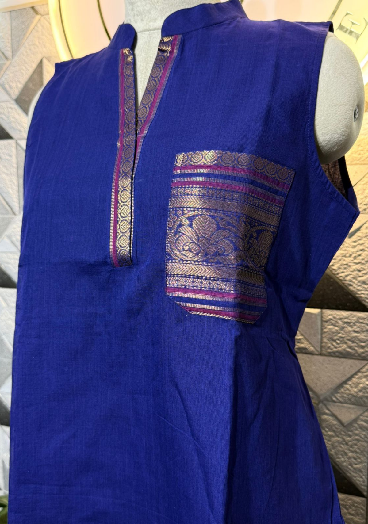 Chettinad Pure Cotton Short Kurti | Royal Blue with Zari Border