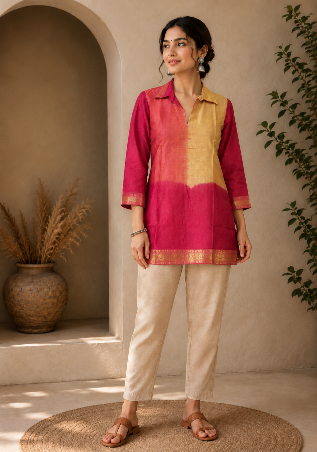 Pure Silk Maheshwari Handwoven Short Kurti | Pink & Golden Ombre