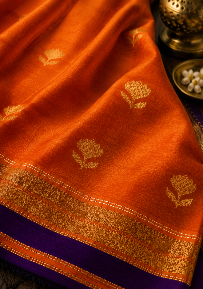 Orange Maheshwari Handloom Silk by Cotton Saree