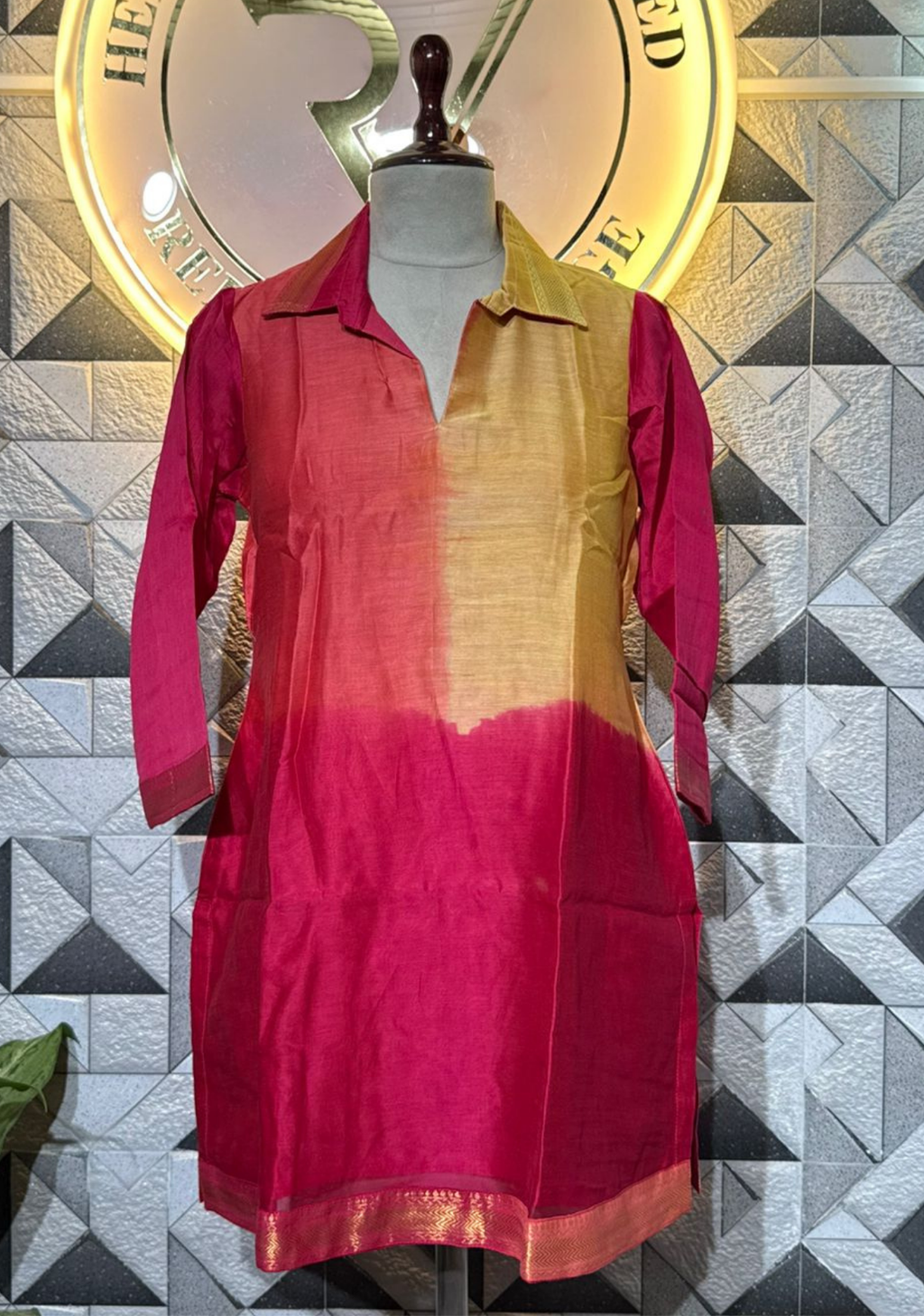 Pure Silk Maheshwari Handwoven Short Kurti | Pink & Golden Ombre