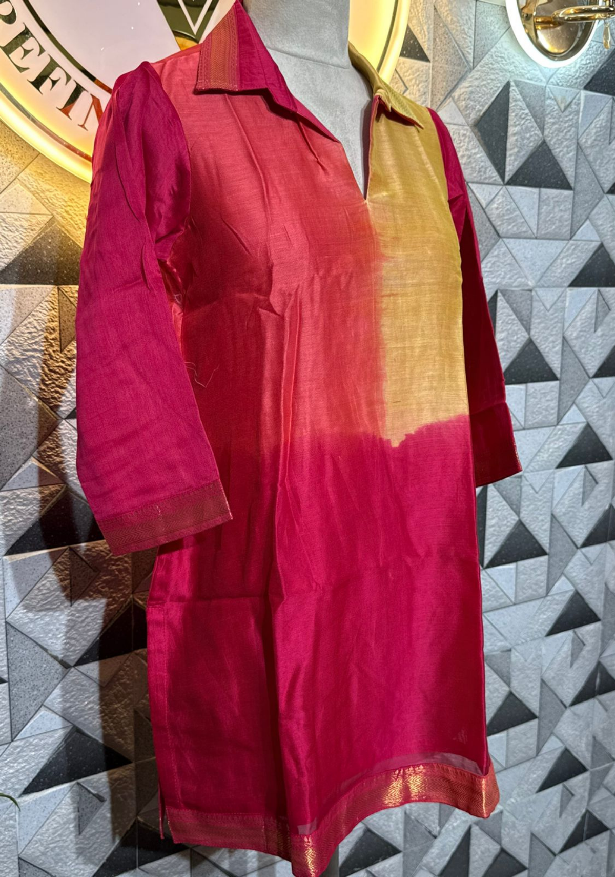 Pure Silk Maheshwari Handwoven Short Kurti | Pink & Golden Ombre
