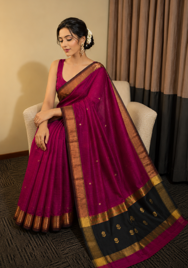Pink Maheshwari Handloom Silk by Cotton Saree