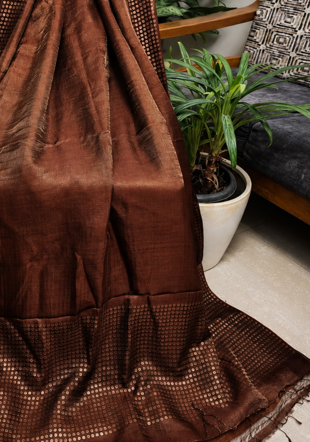 Chocolate Brown Tissue Linen Saree with Designer Border