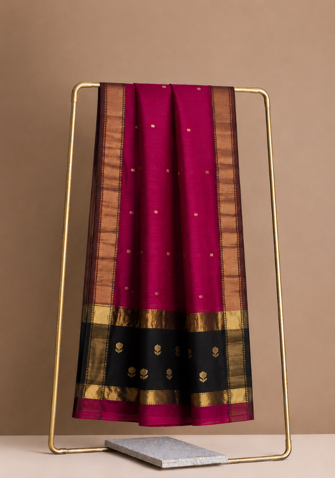 Pink Maheshwari Handloom Silk by Cotton Saree