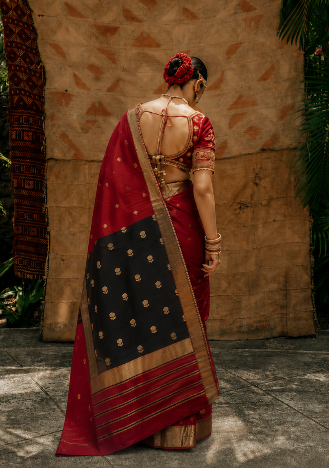 Crimson Red Maheshwari Handloom Silk by Cotton Saree