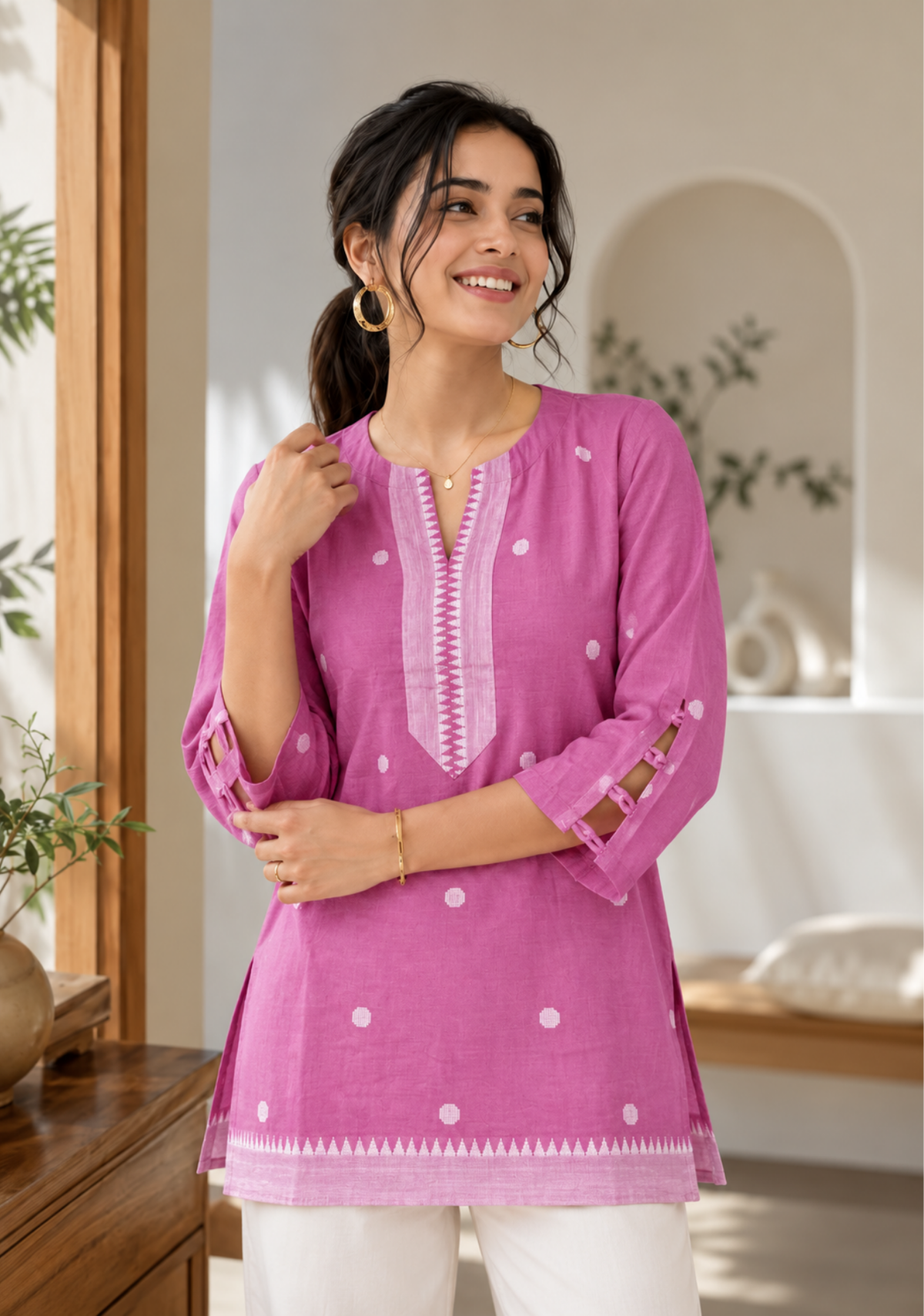 Pure Cotton Jamdani Handwoven Butta Kurti | Pink