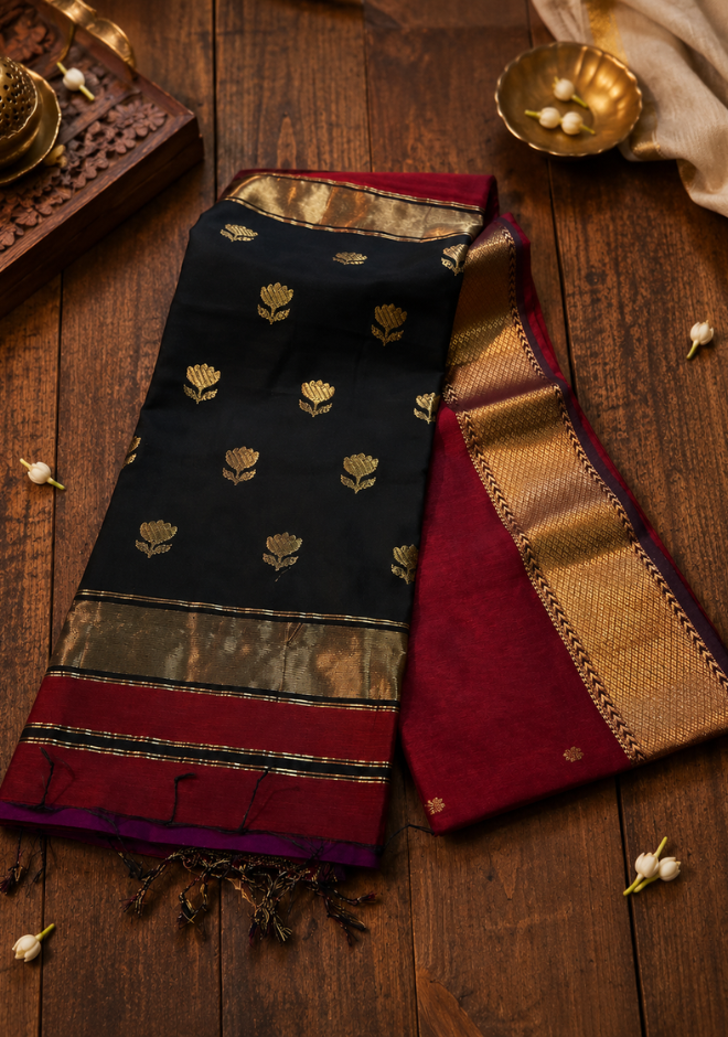 Crimson Red Maheshwari Handloom Silk by Cotton Saree