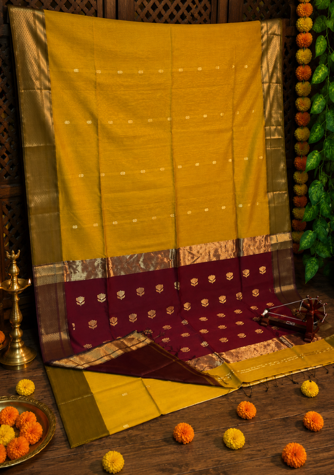 Mustard Yellow Maheshwari Handloom Silk by Cotton Saree
