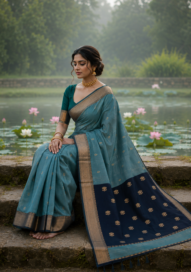 Teal Blue Maheshwari Handloom Silk by Cotton Saree