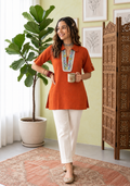 Pure Linen Cotton Short Kurti | Orange with Embroidered Neck Detail