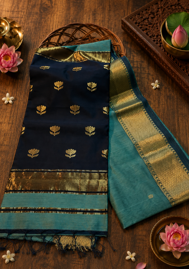 Teal Blue Maheshwari Handloom Silk by Cotton Saree