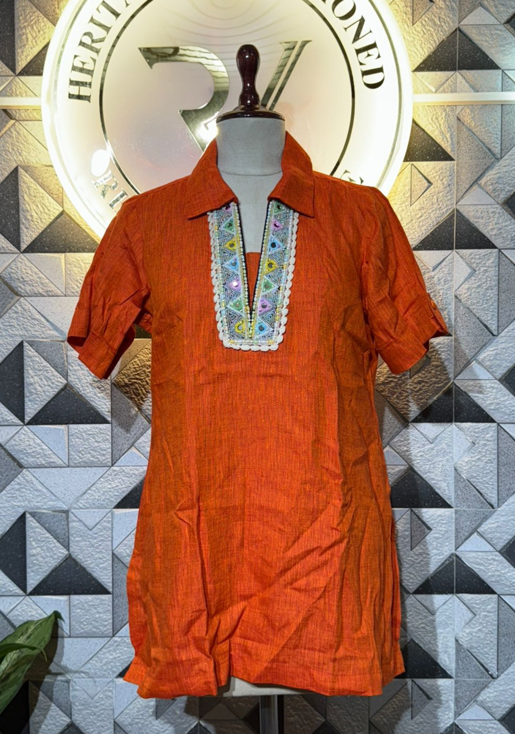 Pure Linen Cotton Short Kurti | Orange with Embroidered Neck Detail