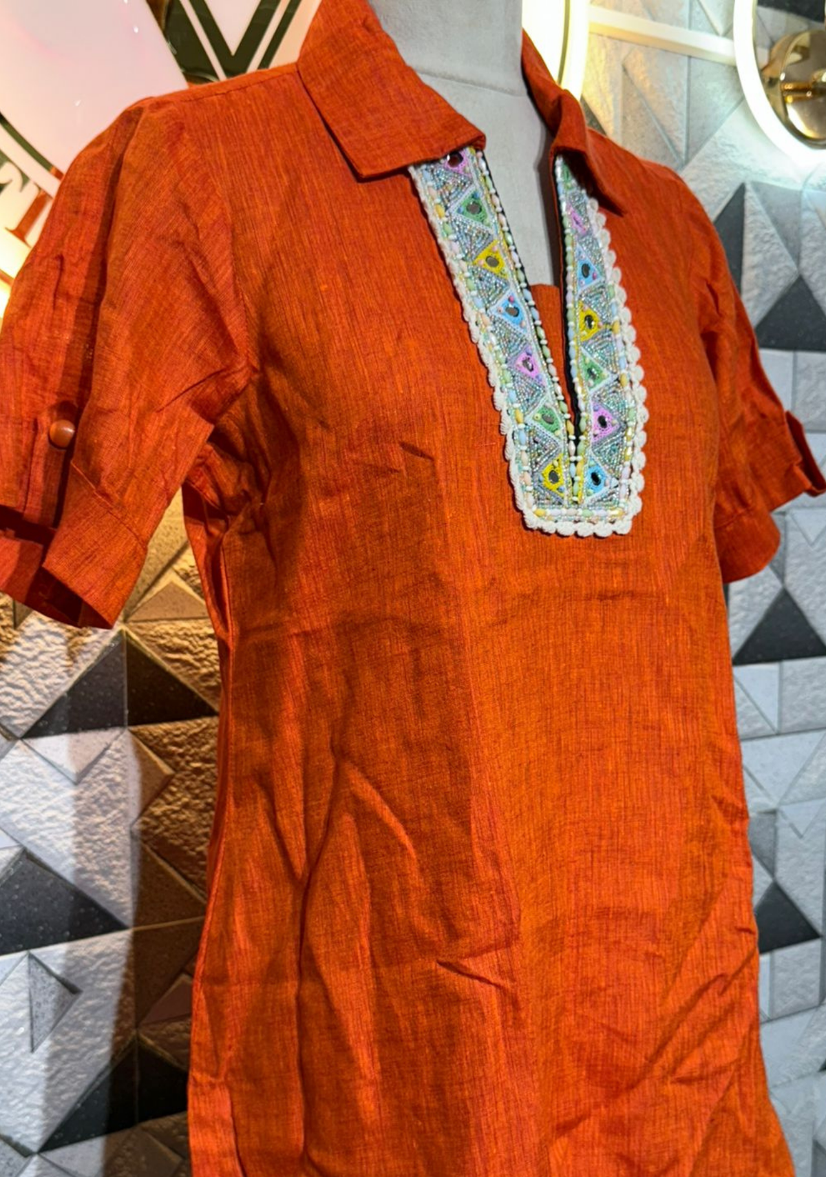 Pure Linen Cotton Short Kurti | Orange with Embroidered Neck Detail