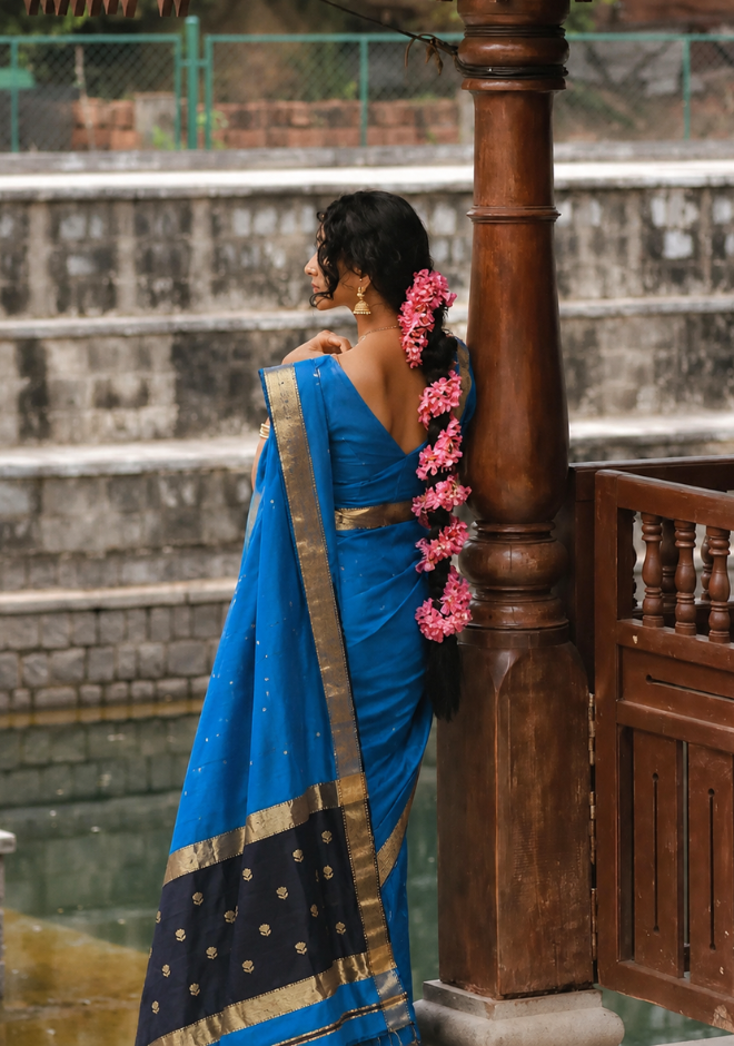 Royal Blue Maheshwari Handloom Silk by Cotton Saree