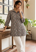 Mul Cotton Handblock Printed Kurti | Grey Folk Print