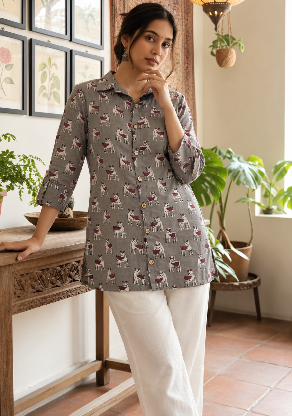 Mul Cotton Handblock Printed Kurti | Grey Folk Print