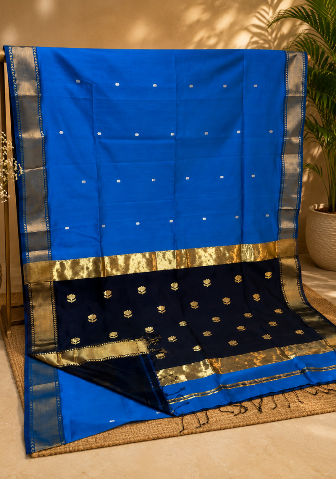 Royal Blue Maheshwari Handloom Silk by Cotton Saree