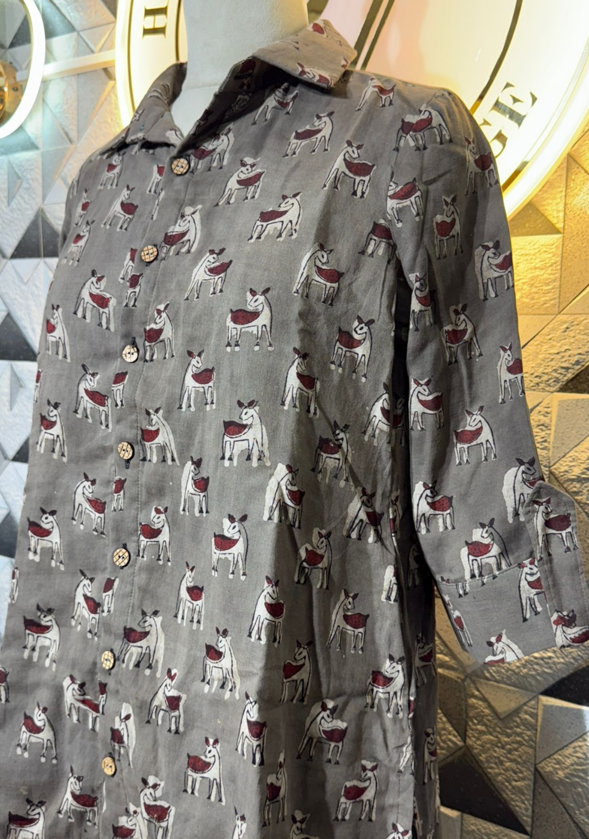 Mul Cotton Handblock Printed Kurti | Grey Folk Print