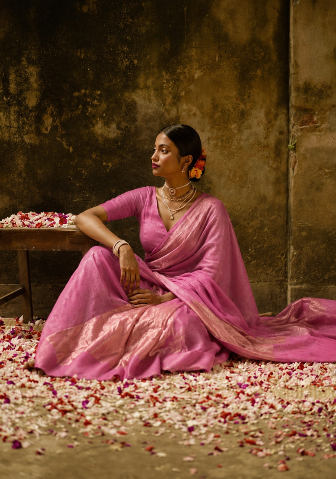 Blush Pink Jayashree Tissue Resham Linen Saree