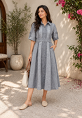 Pure Handloom Cotton Linen Kali Dress | Elegant Grey Flared Dress