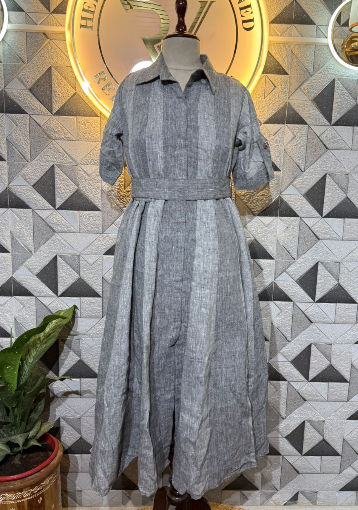 Pure Handloom Cotton Linen Kali Dress | Elegant Grey Flared Dress
