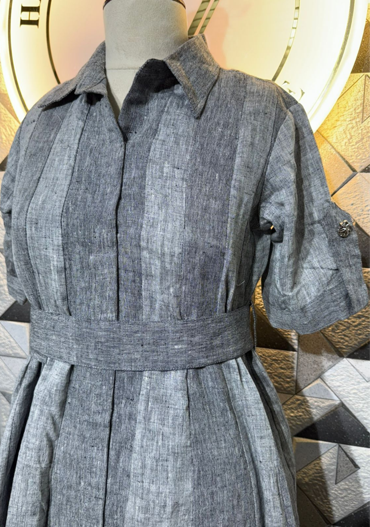 Pure Handloom Cotton Linen Kali Dress | Elegant Grey Flared Dress