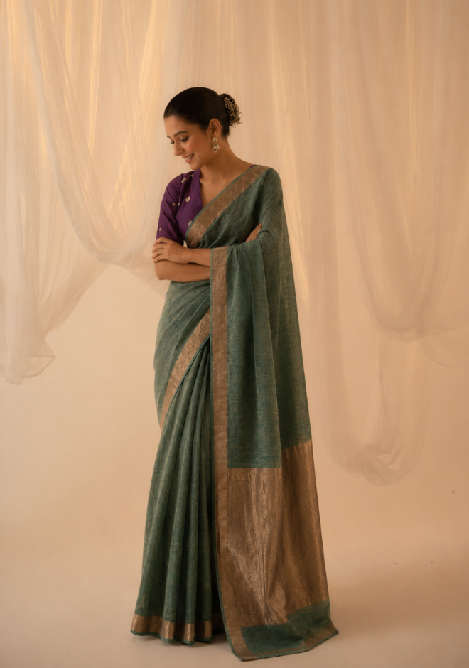 Sage Green Jayashree Tissue Resham Linen Saree